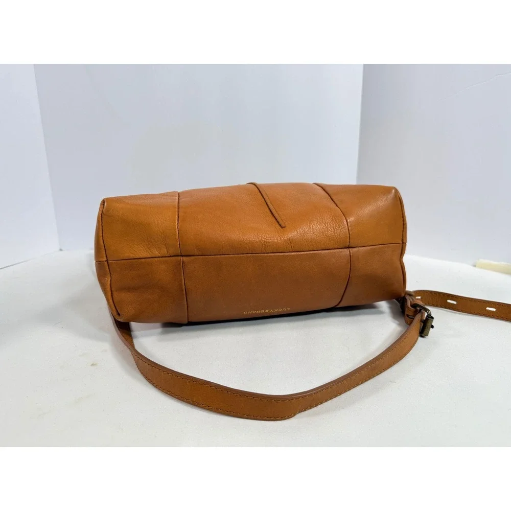 Lucky Brand Tan Leather Convertible Shoulder Bag Whipstitch Tassel Cognac